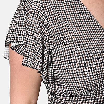 Tamsy Black Checkered Pattern Smocked Waist Jumpsuit with Flutter Sleeve - One Size Fits Most