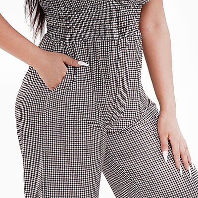 Tamsy Black Checkered Pattern Smocked Waist Jumpsuit with Flutter Sleeve - One Size Fits Most