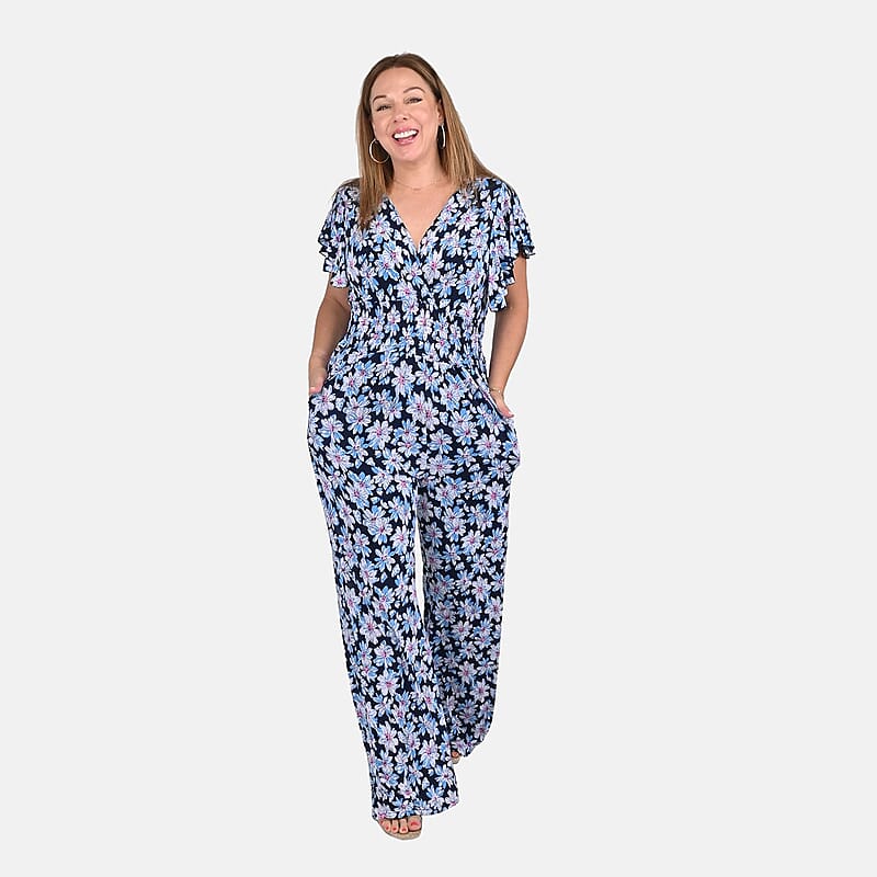 Tamsy Blue Floral Pattern Smocked Waist Jumpsuit with Flutter Sleeve - One Size Fits Most