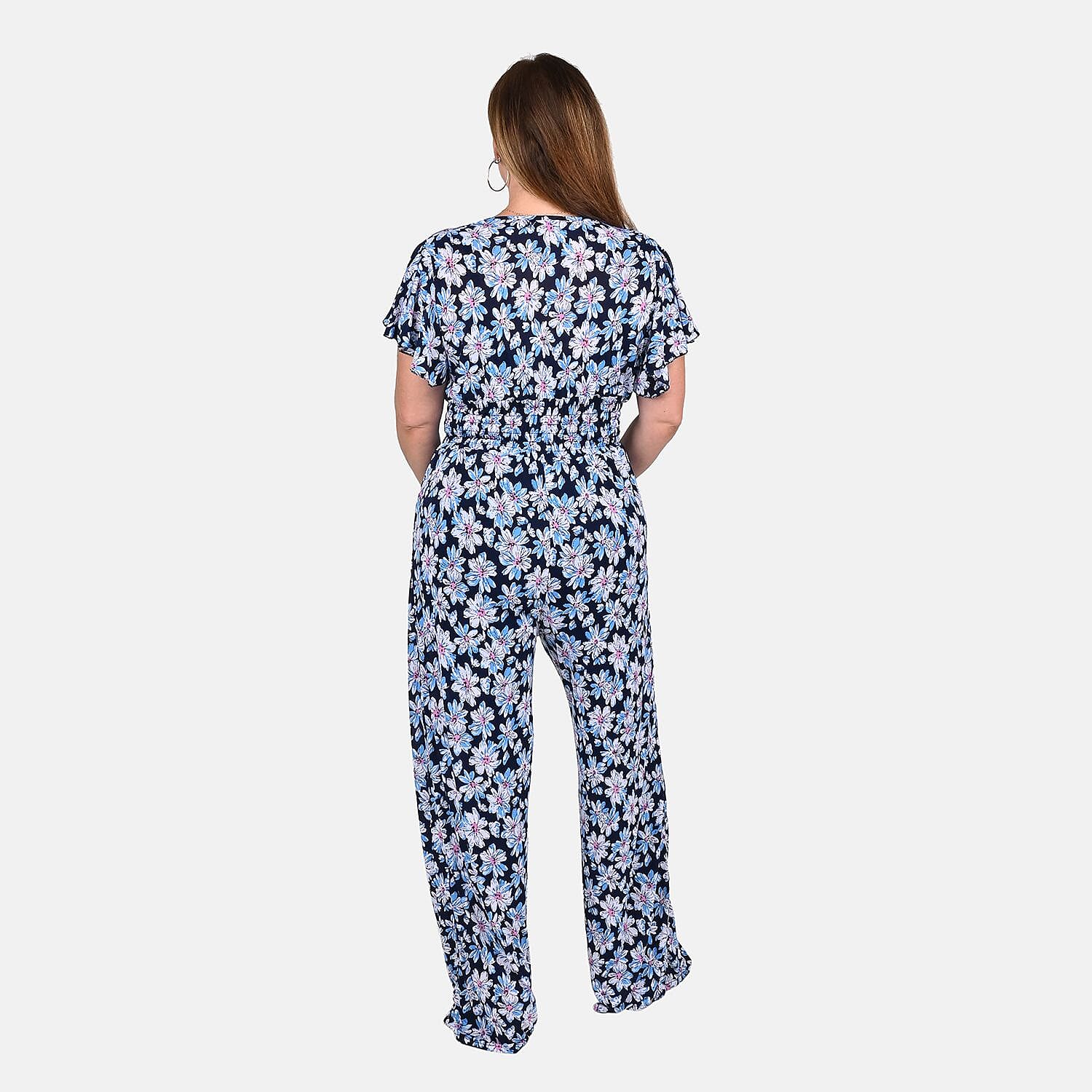 Tamsy Blue Floral Pattern Smocked Waist Jumpsuit with Flutter Sleeve - One Size Fits Most