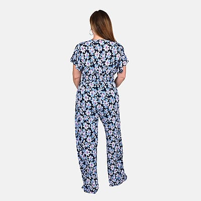 Tamsy Blue Floral Pattern Smocked Waist Jumpsuit with Flutter Sleeve - One Size Fits Most