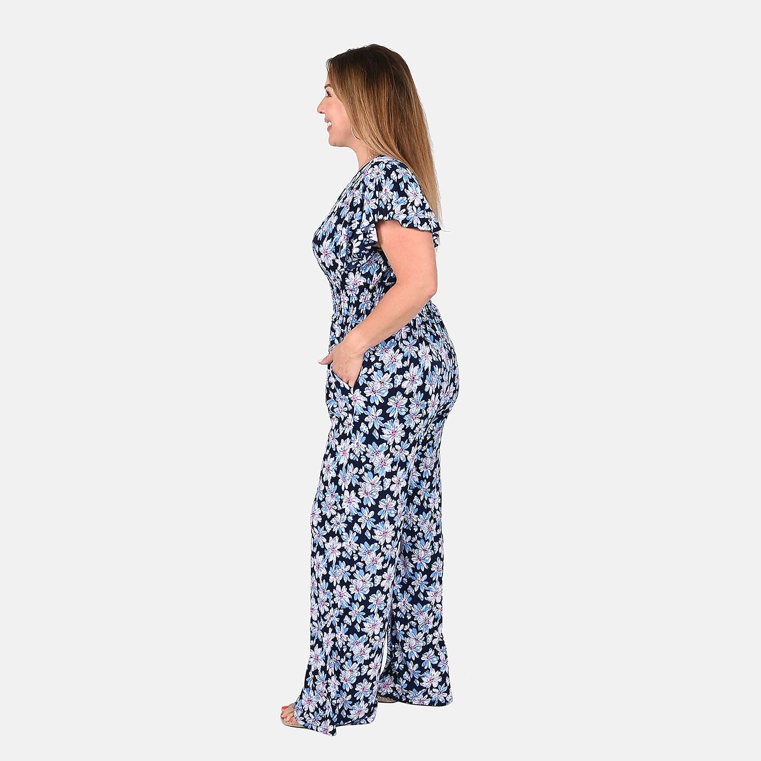 Tamsy Blue Floral Pattern Smocked Waist Jumpsuit with Flutter Sleeve - One Size Fits Most