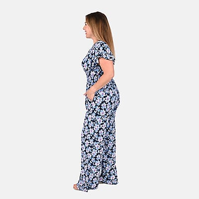 Tamsy Blue Floral Pattern Smocked Waist Jumpsuit with Flutter Sleeve - One Size Fits Most