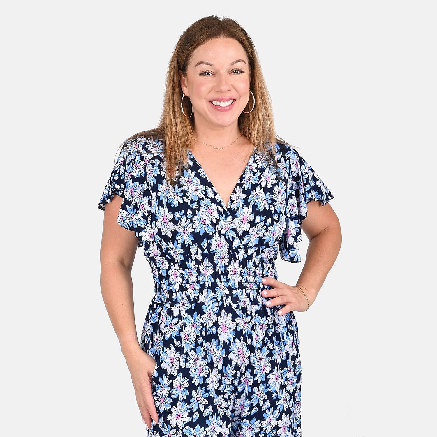 Tamsy Blue Floral Pattern Smocked Waist Jumpsuit with Flutter Sleeve - One Size Fits Most