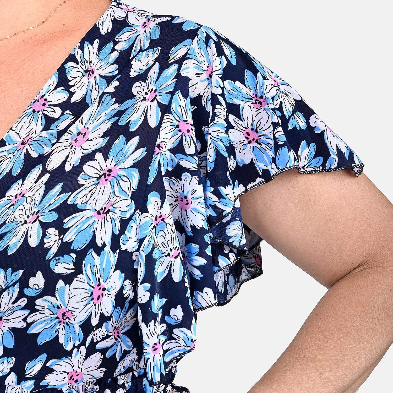 Tamsy Blue Floral Pattern Smocked Waist Jumpsuit with Flutter Sleeve - One Size Fits Most