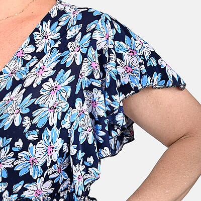 Tamsy Blue Floral Pattern Smocked Waist Jumpsuit with Flutter Sleeve - One Size Fits Most