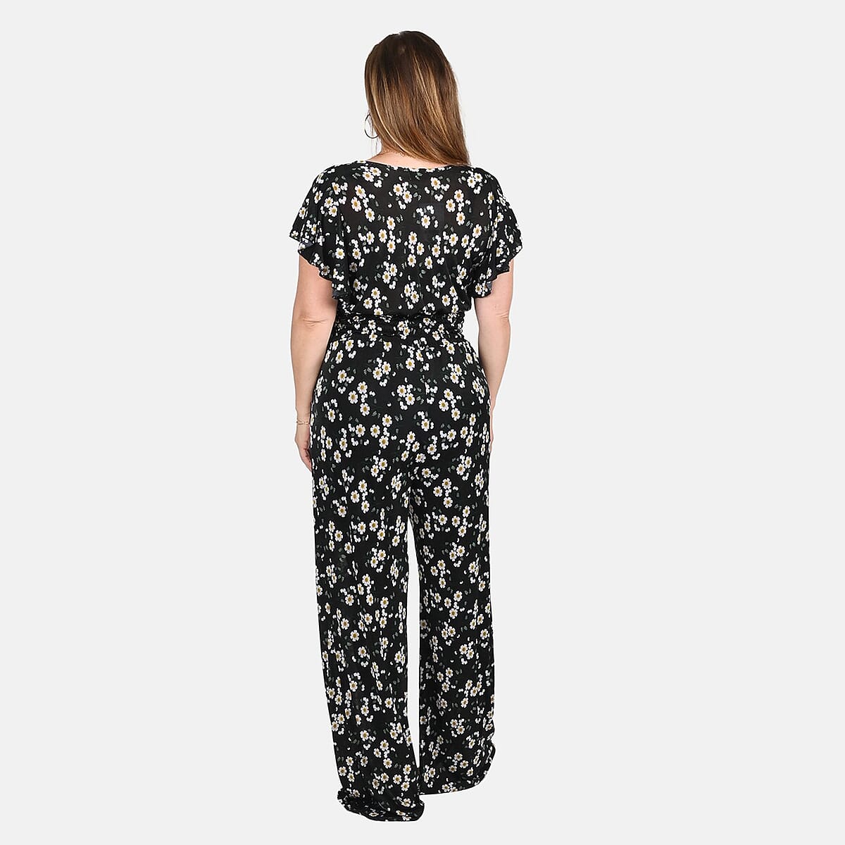 Tamsy Black Daisy Pattern Smocked Waist Jumpsuit with Flutter Sleeve - One Size Fits Most image number 1