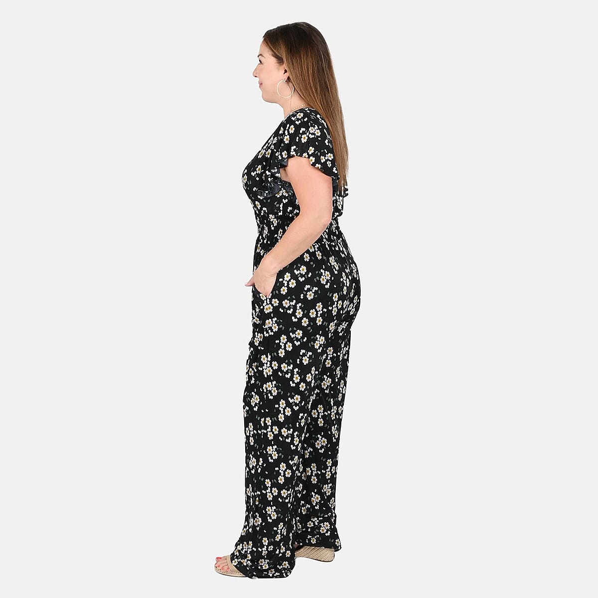 Tamsy Black Daisy Pattern Smocked Waist Jumpsuit with Flutter Sleeve - One Size Fits Most image number 2
