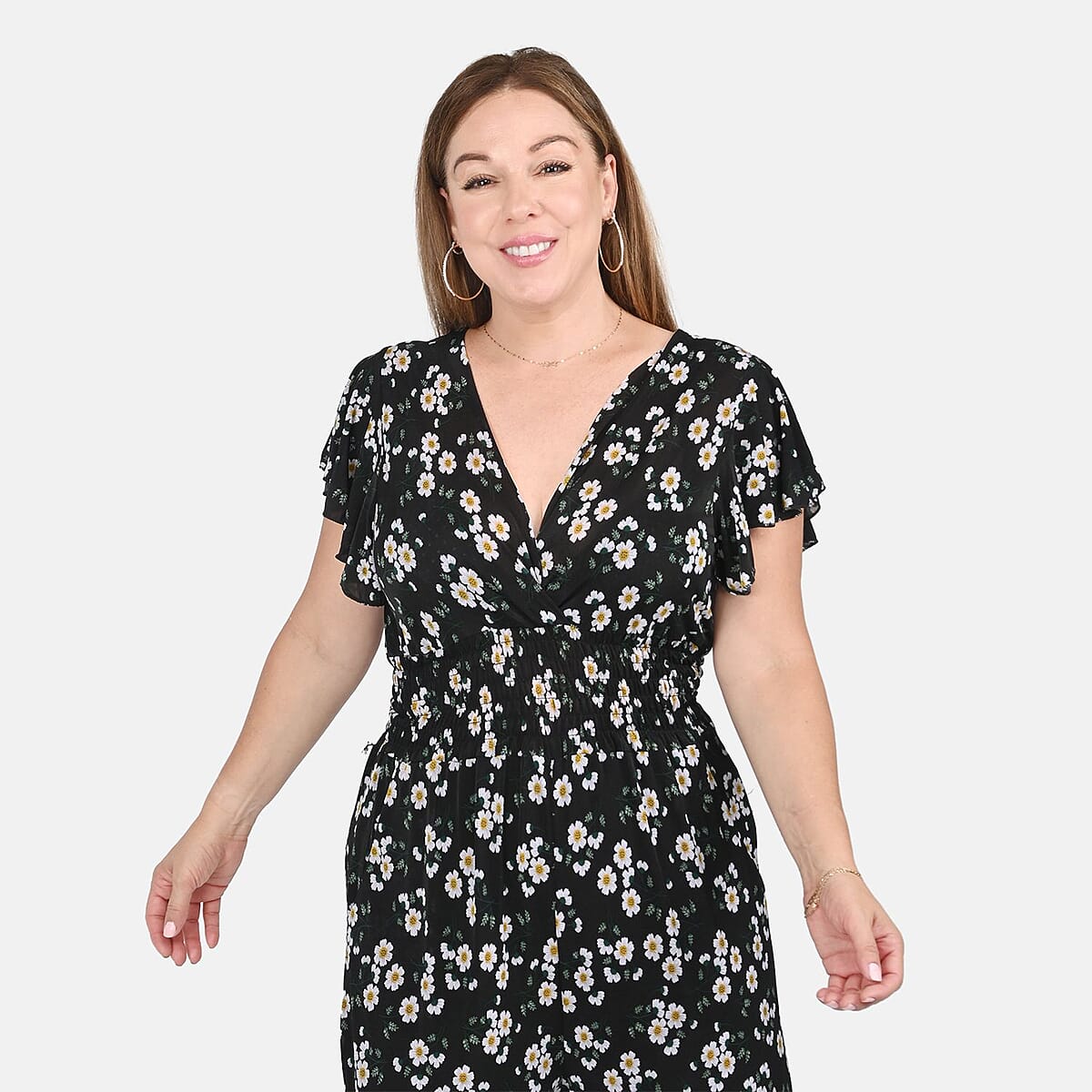 Tamsy Black Daisy Pattern Smocked Waist Jumpsuit with Flutter Sleeve - One Size Fits Most image number 3