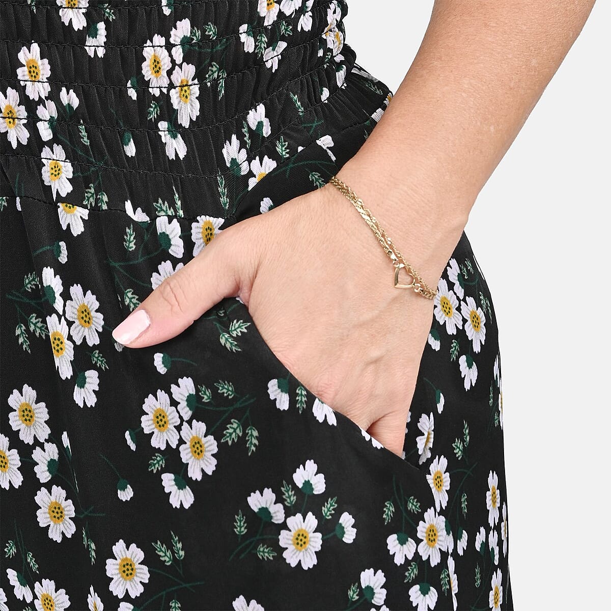 Tamsy Black Daisy Pattern Smocked Waist Jumpsuit with Flutter Sleeve - One Size Fits Most image number 4