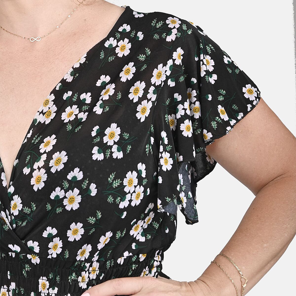 Tamsy Black Daisy Pattern Smocked Waist Jumpsuit with Flutter Sleeve - One Size Fits Most image number 5