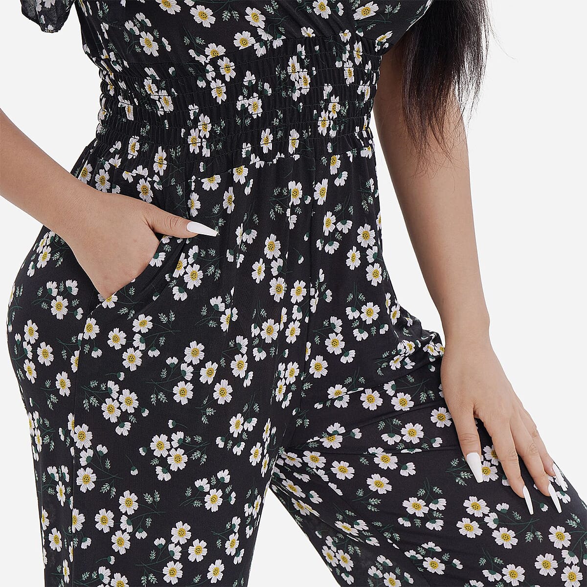 Tamsy Black Daisy Pattern Smocked Waist Jumpsuit with Flutter Sleeve - One Size Fits Most image number 6
