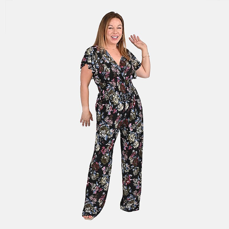 Tamsy Multi Color Rose Pattern Smocked Waist Jumpsuit with Flutter Sleeve - One Size Fits Most
