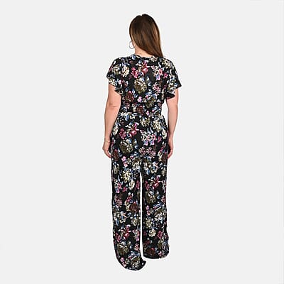 Tamsy Multi Color Rose Pattern Smocked Waist Jumpsuit with Flutter Sleeve - One Size Fits Most
