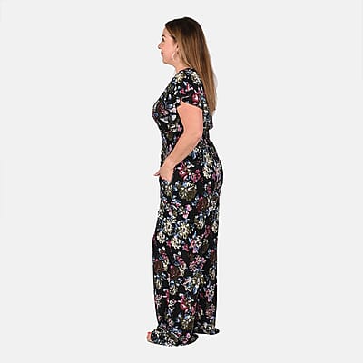 Tamsy Multi Color Rose Pattern Smocked Waist Jumpsuit with Flutter Sleeve - One Size Fits Most