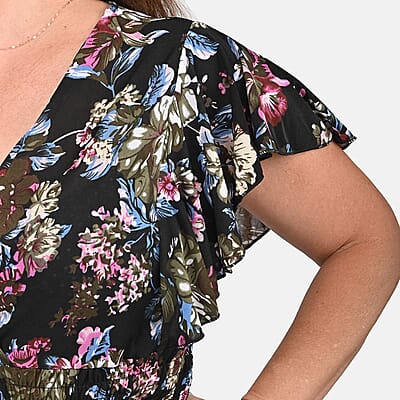 Tamsy Multi Color Rose Pattern Smocked Waist Jumpsuit with Flutter Sleeve - One Size Fits Most