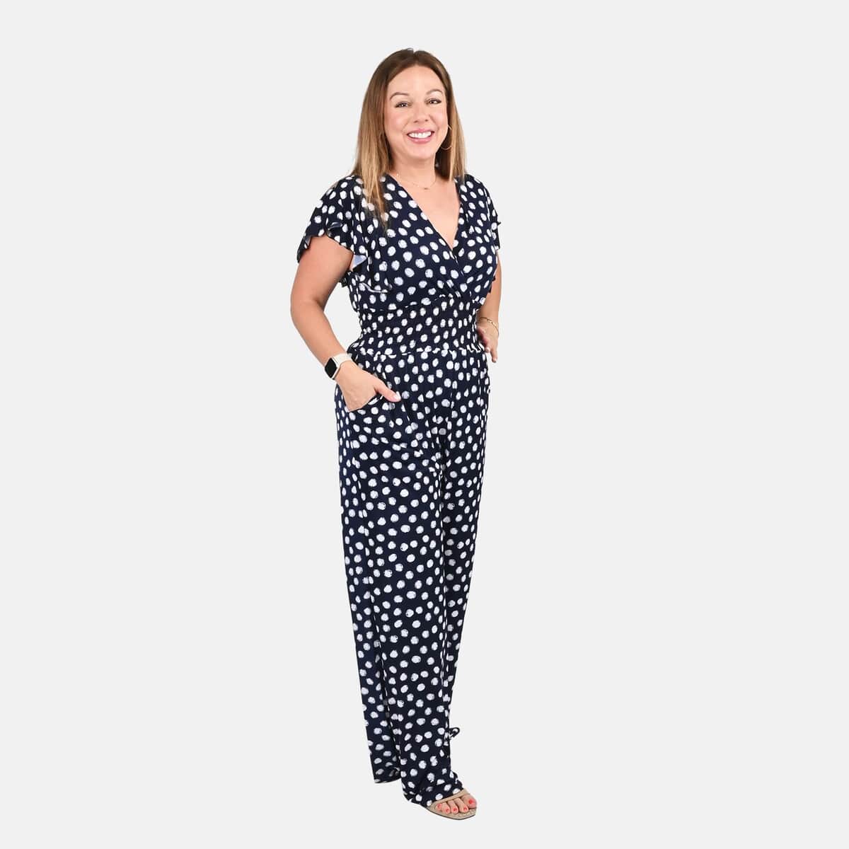 Tamsy Navy Polka Dot Pattern Smocked Waist Jumpsuit with Flutter Sleeve - One Size Fits Most image number 0