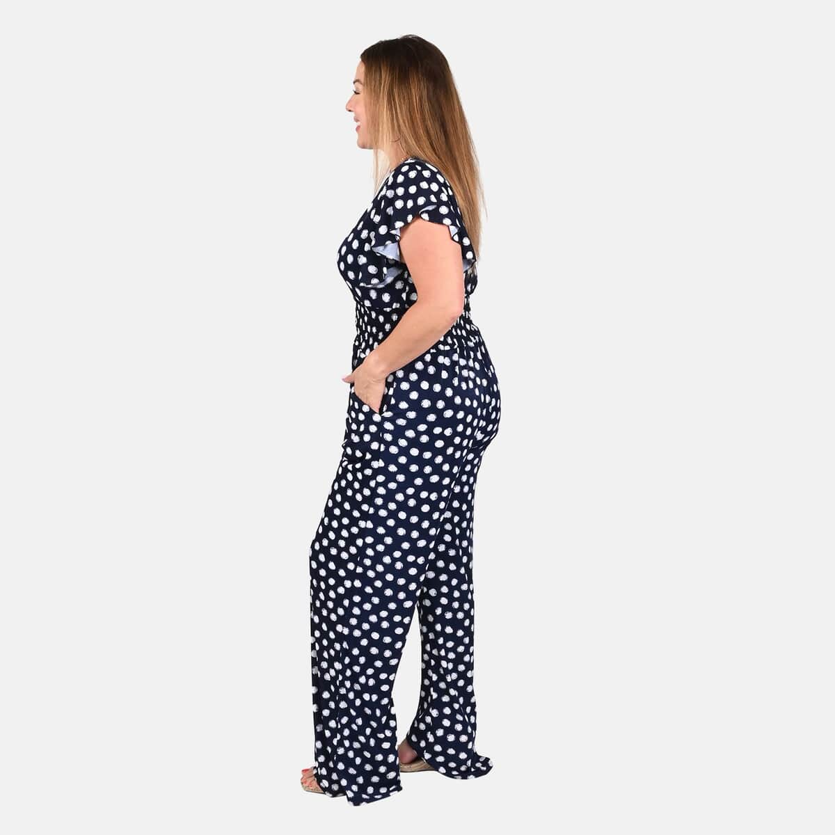 Tamsy Navy Polka Dot Pattern Smocked Waist Jumpsuit with Flutter Sleeve - One Size Fits Most image number 2