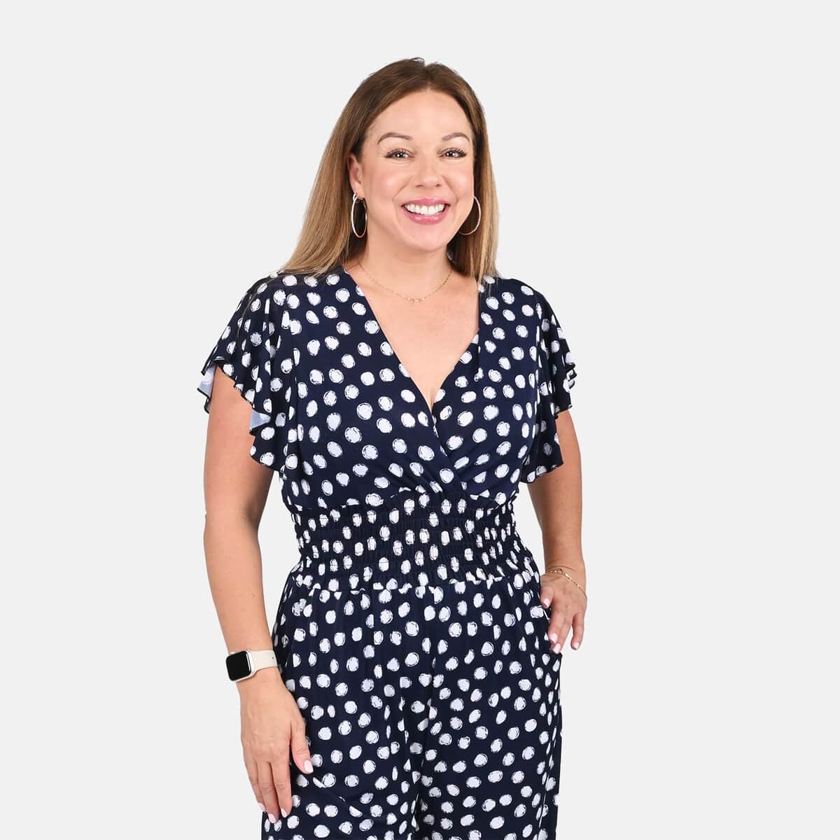 Tamsy Navy Polka Dot Pattern Smocked Waist Jumpsuit with Flutter Sleeve - One Size Fits Most image number 3