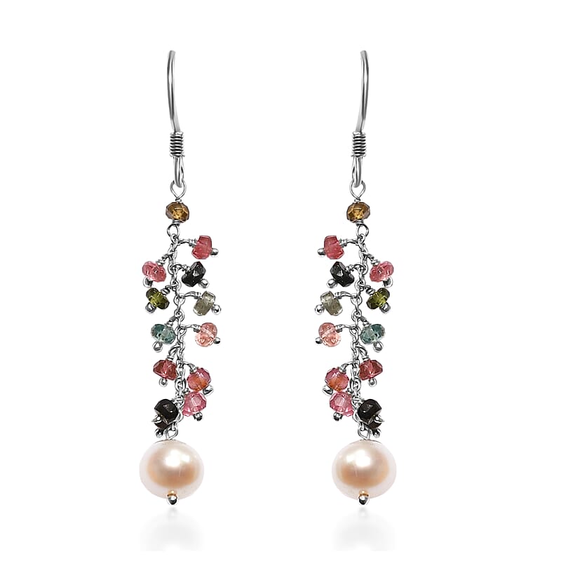 Freshwater Pearl and Multi Sapphire Earrings in Sterling Silver 3.00 ctw