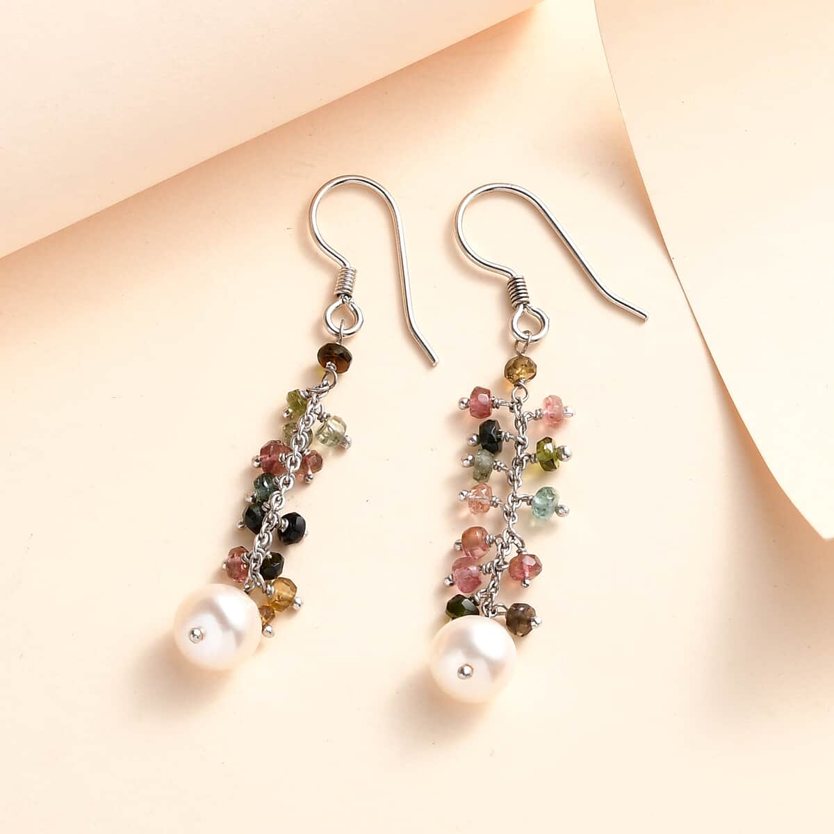 Freshwater Pearl and Multi Sapphire Earrings in Sterling Silver 3.00 ctw image number 1