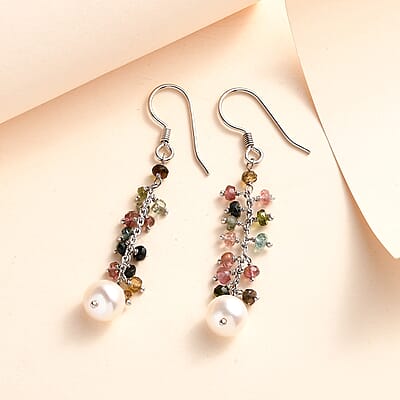 Freshwater Pearl and Multi Sapphire Earrings in Sterling Silver 3.00 ctw