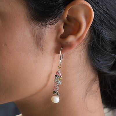 Freshwater Pearl and Multi Sapphire Earrings in Sterling Silver 3.00 ctw