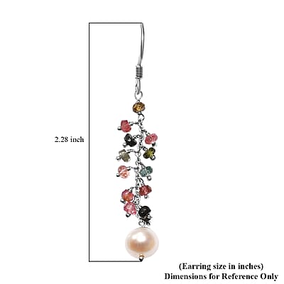 Freshwater Pearl and Multi Sapphire Earrings in Sterling Silver 3.00 ctw