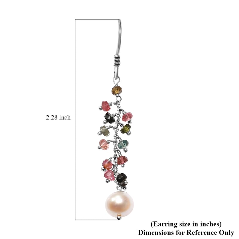 Freshwater Pearl and Multi Sapphire Earrings in Sterling Silver 3.00 ctw
