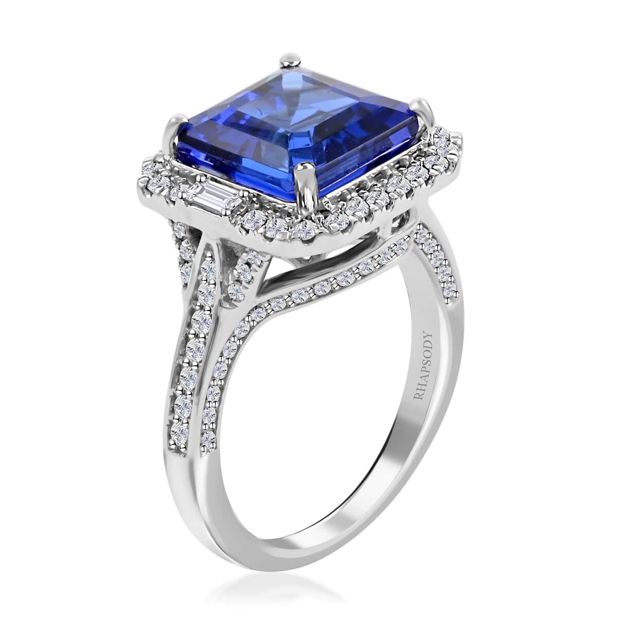 Certified Rhapsody 950 Platinum AAAA Asscher Cut Tanzanite and E-F VS Diamond Ring 8.50 Grams 5.50 ctw (Del. in 15-20 Days) image number 3