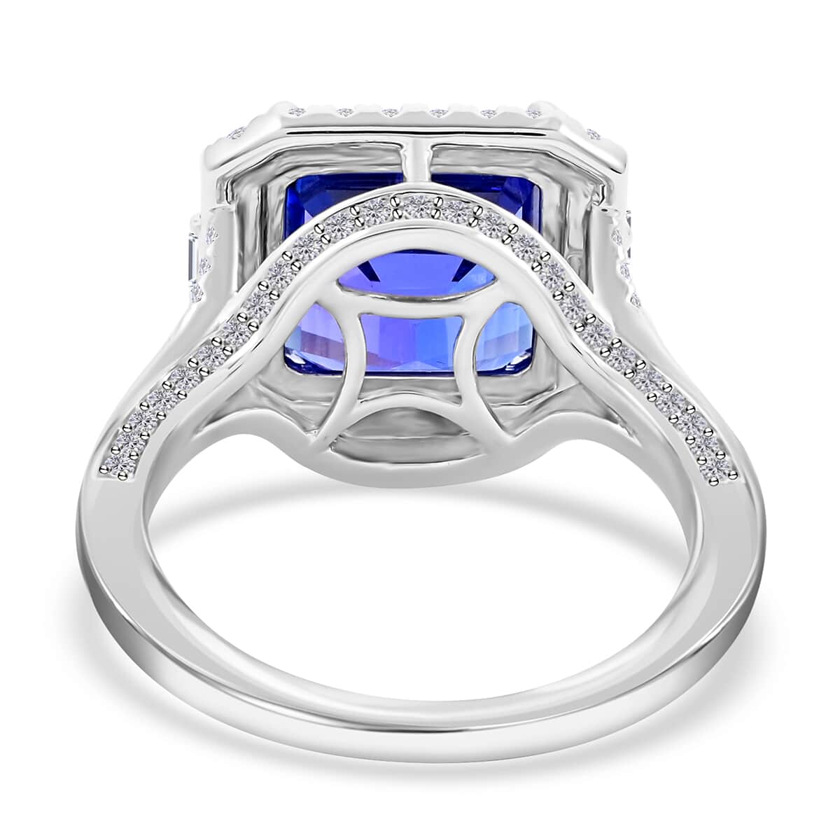Certified Rhapsody 950 Platinum AAAA Asscher Cut Tanzanite and E-F VS Diamond Ring 8.50 Grams 5.50 ctw (Del. in 15-20 Days) image number 4