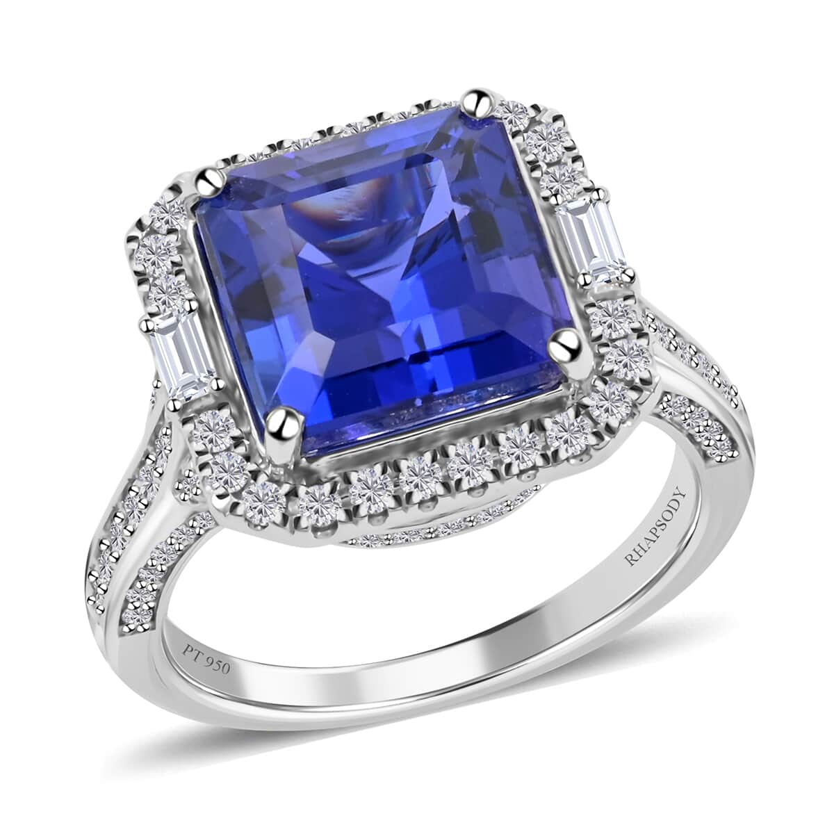 Certified and Appraised Rhapsody 950 Platinum AAAA Asscher Cut Tanzanite and E-F VS Diamond Ring (Size 6.0) 8.50 Grams 5.50 ctw image number 0