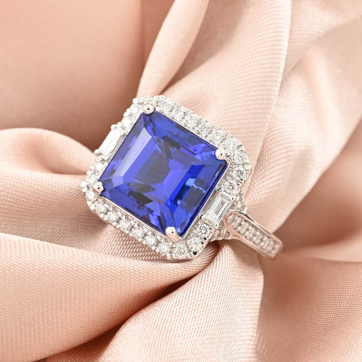 Certified and Appraised Rhapsody 950 Platinum AAAA Asscher Cut Tanzanite and E-F VS Diamond Ring (Size 6.0) 8.50 Grams 5.50 ctw image number 1