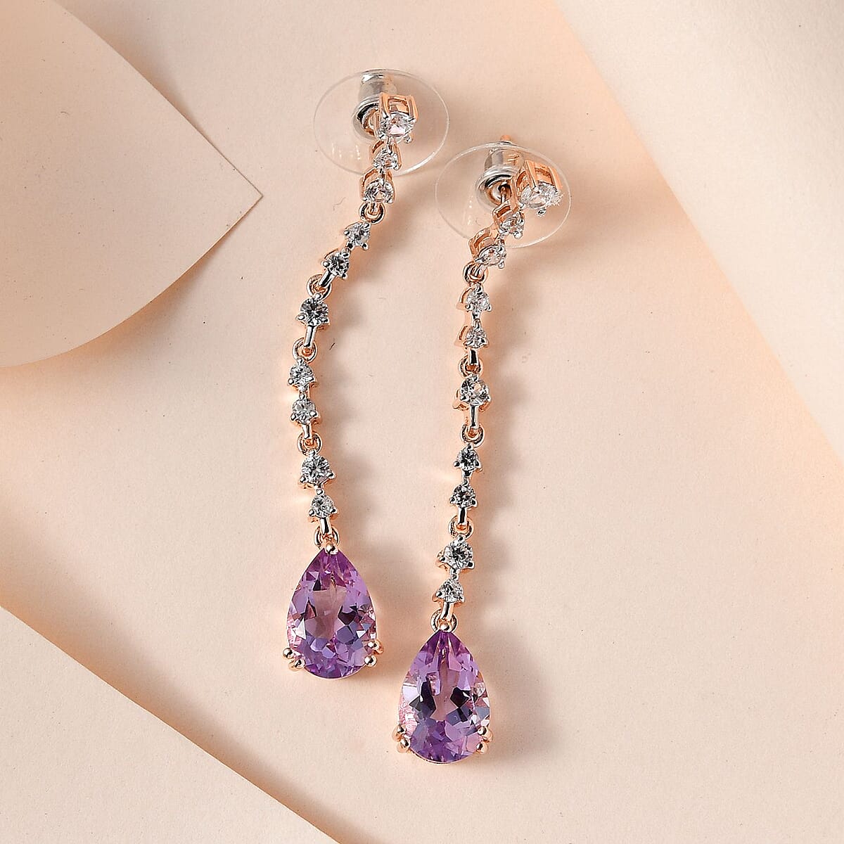 AAA Rose De France Amethyst and White Zircon Drop Earrings in Vermeil Rose Gold Over Sterling Silver 6.90 ctw image number 1