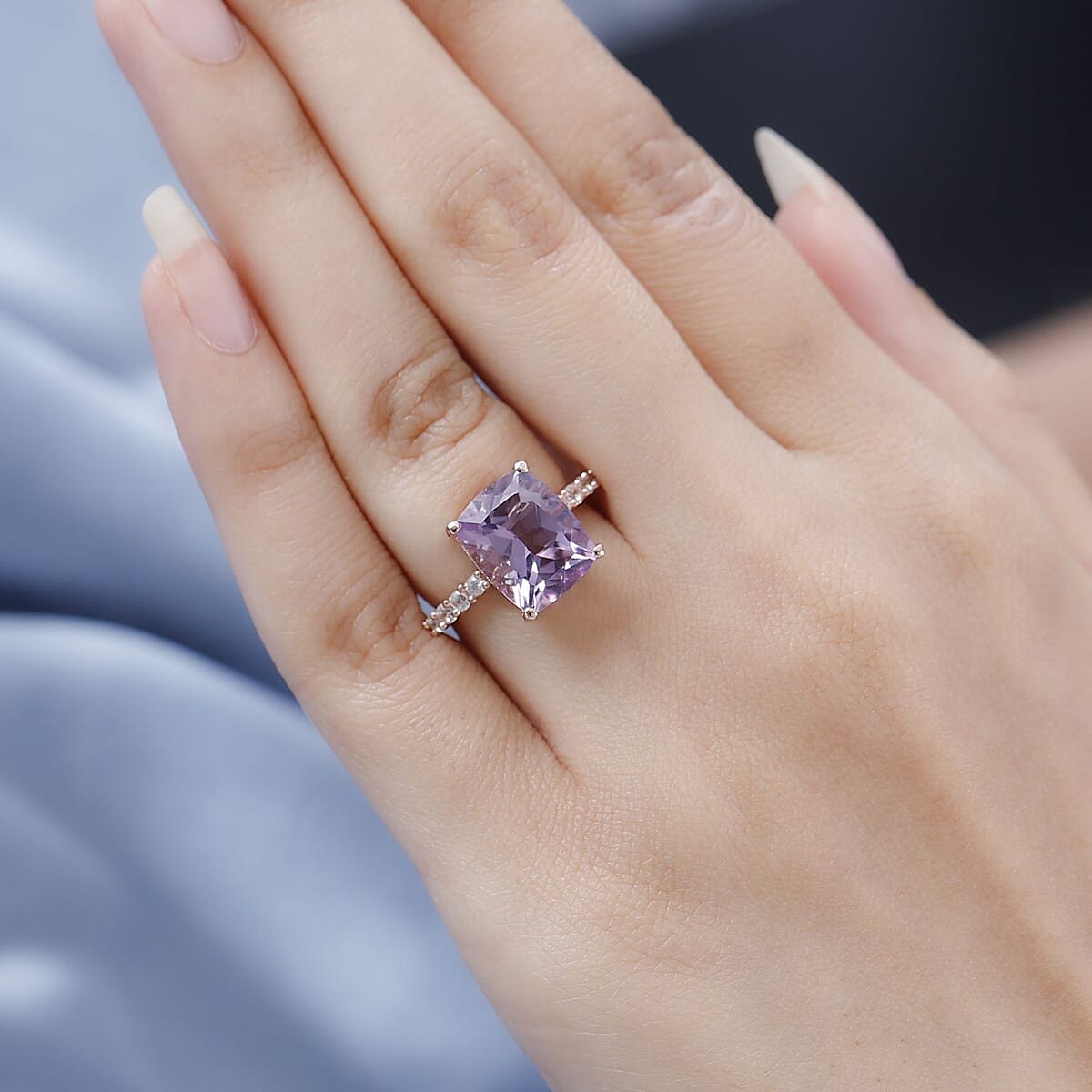 AAA Rose De France Amethyst and White Zircon Ring in Vermeil Rose Gold Over Sterling Silver (Size 10.0) 5.65 ctw image number 2