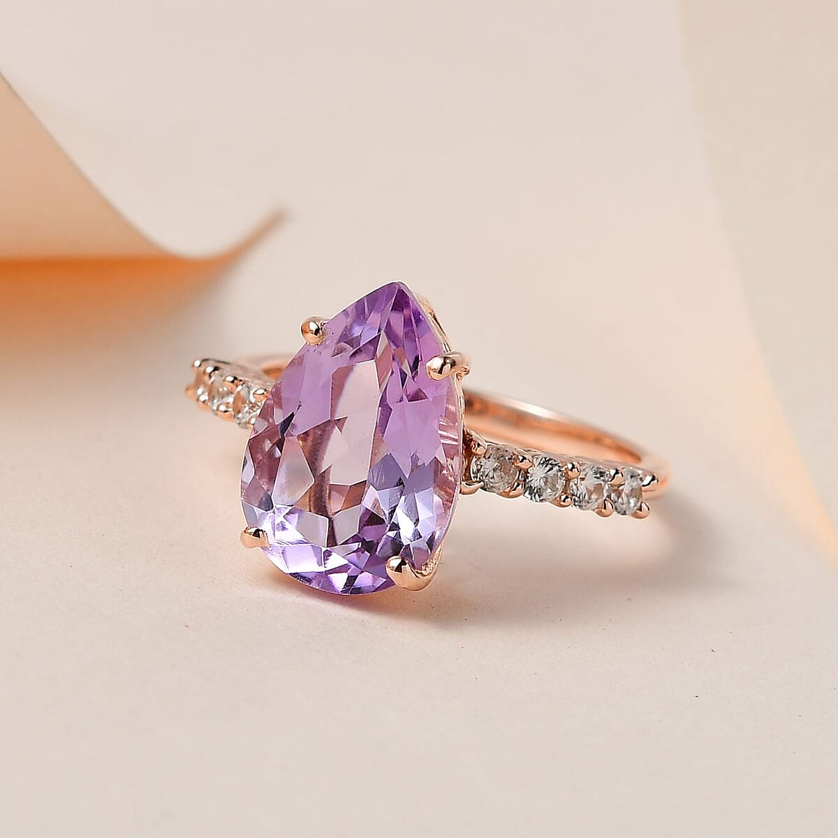 AAA Rose De France Amethyst and White Zircon Ring in Vermeil Rose Gold Over Sterling Silver (Size 8.0) 4.00 ctw image number 1