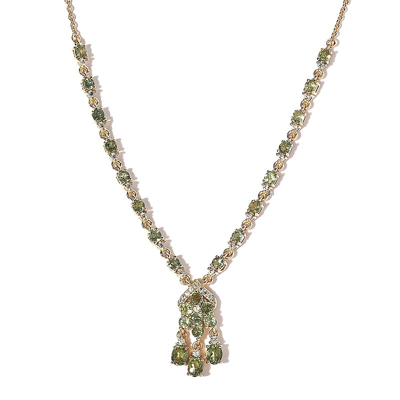 Tanzanian Natural Green Apatite and White Zircon Necklace 18 Inches in Vermeil Yellow Gold Over Sterling Silver 4.50 ctw