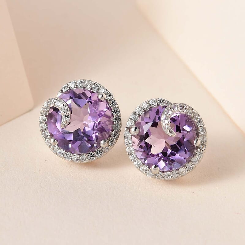 AAA Rose De France Amethyst and White Zircon Solitaire Stud Earrings in Platinum Over Sterling Silver 5.40 ctw