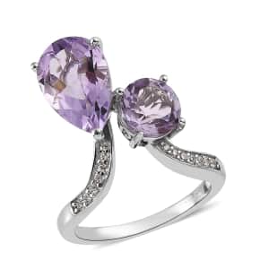 AAA Rose De France Amethyst and White Zircon Bypass Ring in Platinum Over Sterling Silver 4.00 ctw