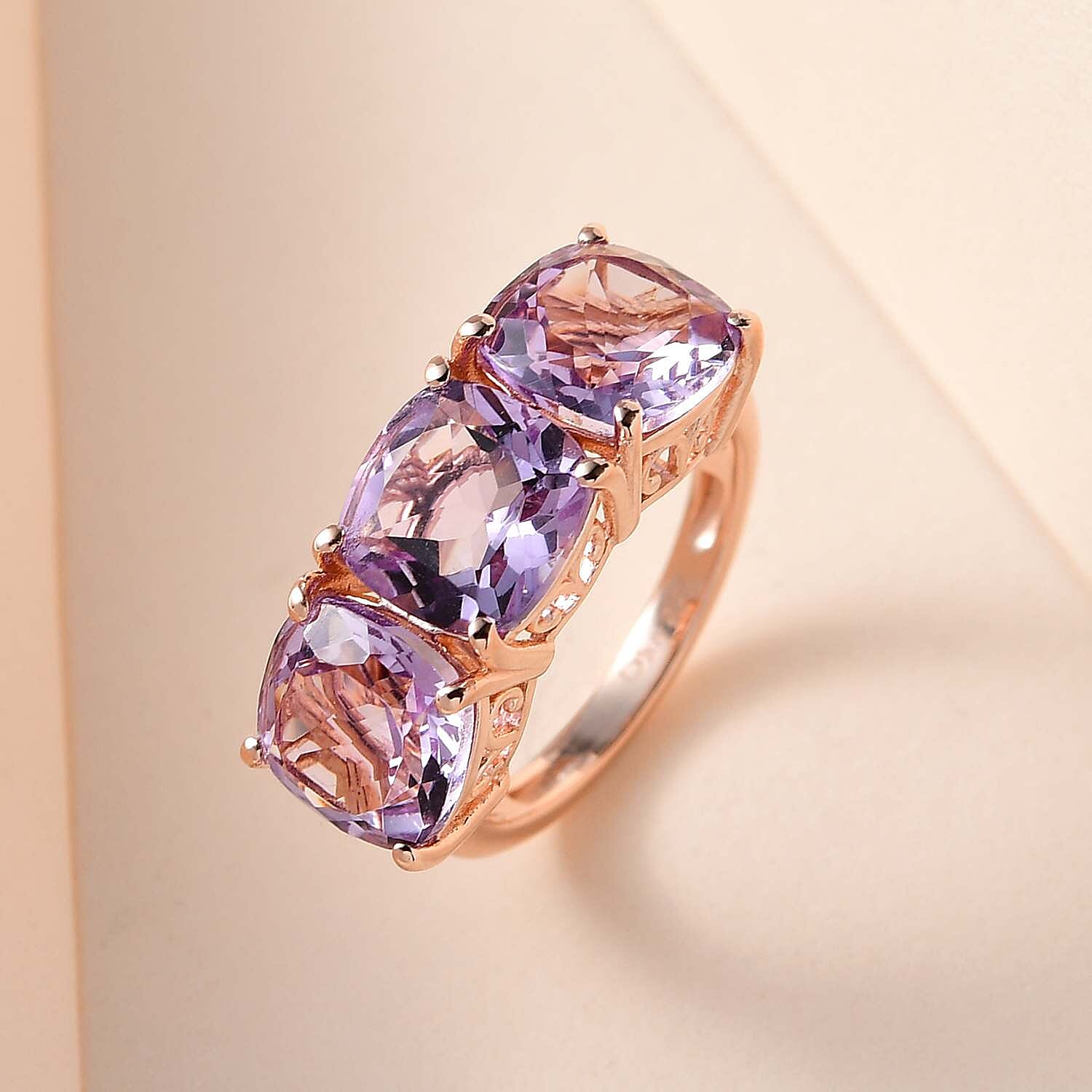 AAA Rose De France Amethyst 3 Stone Ring in Vermeil Rose Gold Over Sterling Silver (Size 10.0) 6.10 ctw