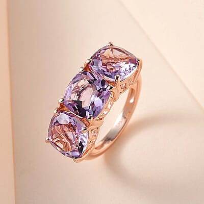 AAA Rose De France Amethyst 3 Stone Ring in Vermeil Rose Gold Over Sterling Silver (Size 10.0) 6.10 ctw
