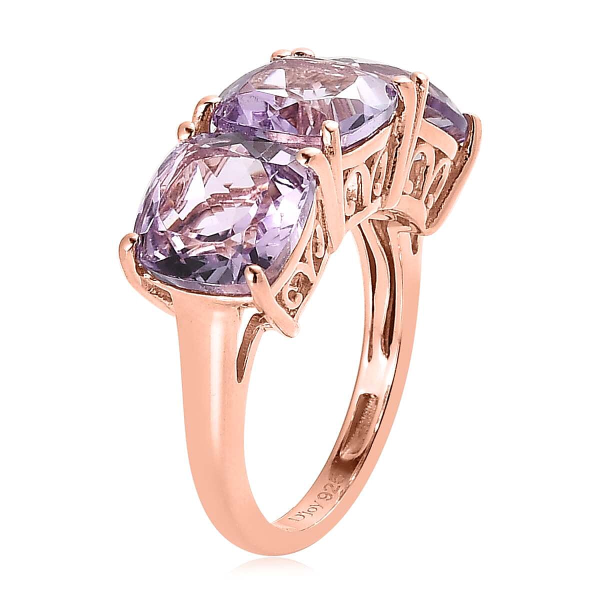 AAA Rose De France Amethyst 3 Stone Ring in Vermeil Rose Gold Over Sterling Silver (Size 10.0) 6.10 ctw