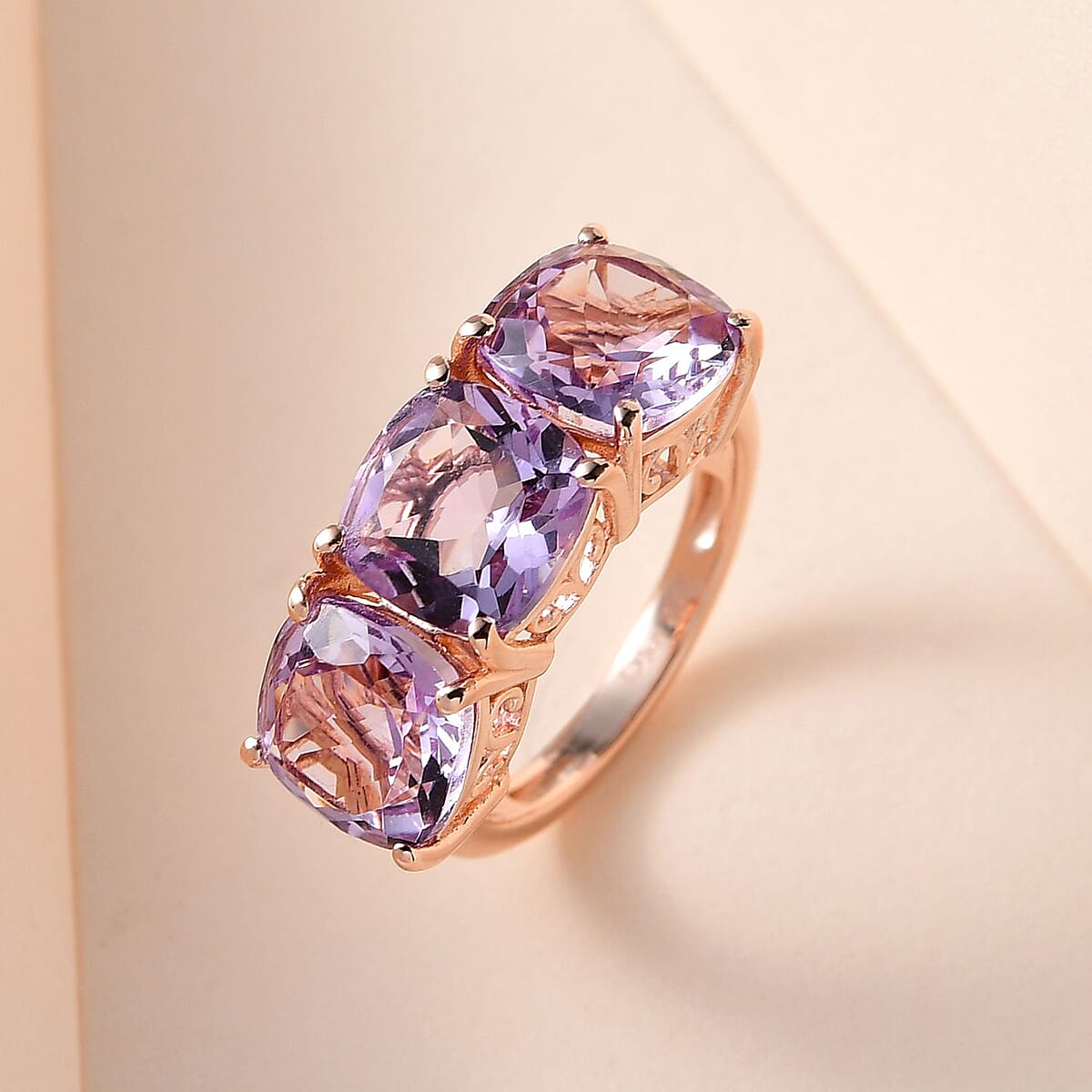 AAA Rose De France Amethyst 3 Stone Ring in Vermeil Rose Gold Over Sterling Silver (Size 7.0) 6.10 ctw image number 1
