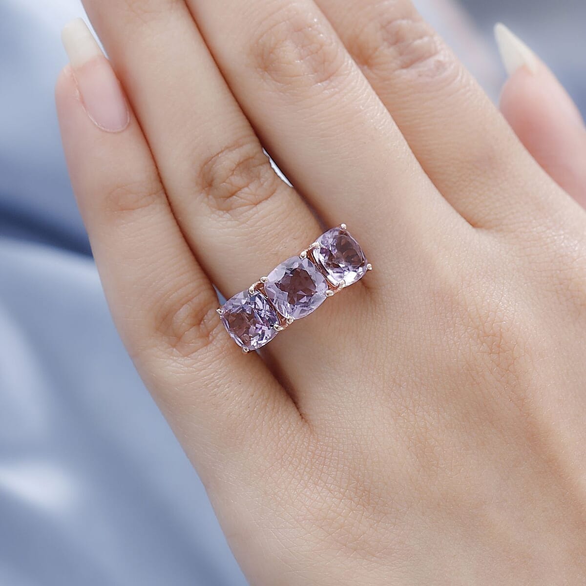 AAA Rose De France Amethyst 3 Stone Ring in Vermeil Rose Gold Over Sterling Silver (Size 7.0) 6.10 ctw image number 2