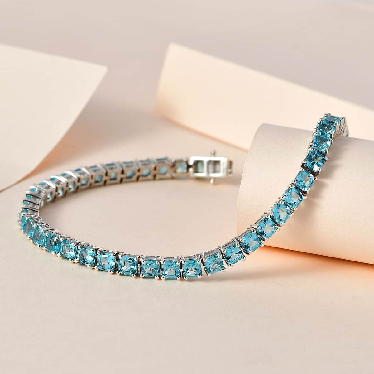 Asscher Cut Madagascar Paraiba Apatite Tennis Bracelet in Platinum Over Sterling Silver (7.25 In) 14.85 ctw image number 1