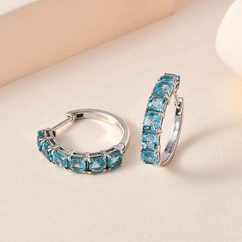 Asscher Cut Madagascar Paraiba Apatite Hoop Earrings in Platinum Over Sterling Silver, Paraiba Apatite Jewelry, Hinged Hoop Earrings, Gift For Her 4.60 ctw