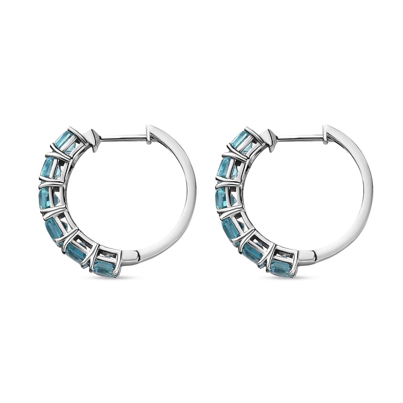 Asscher Cut Madagascar Paraiba Apatite Hoop Earrings in Platinum Over Sterling Silver, Paraiba Apatite Jewelry, Hinged Hoop Earrings, Gift For Her 4.60 ctw