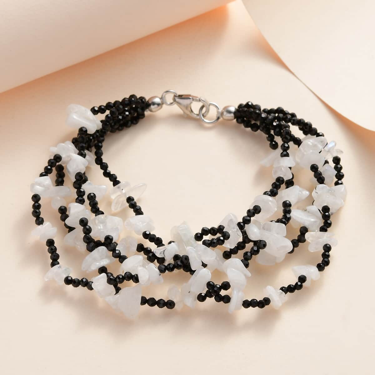 Rainbow Moonstone and Thai Black Spinel Multi Row Bracelet in Sterling Silver (7.25 In) 105.00 ctw image number 1