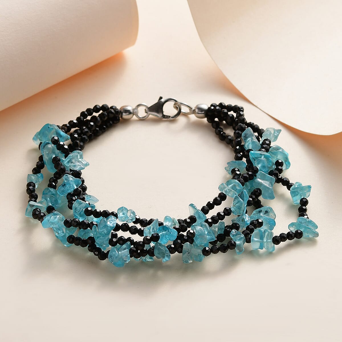 Malgache Neon Apatite and Thai Black Spinel Multi Row Bracelet in Sterling Silver (7.25 In) 105.00 ctw image number 1
