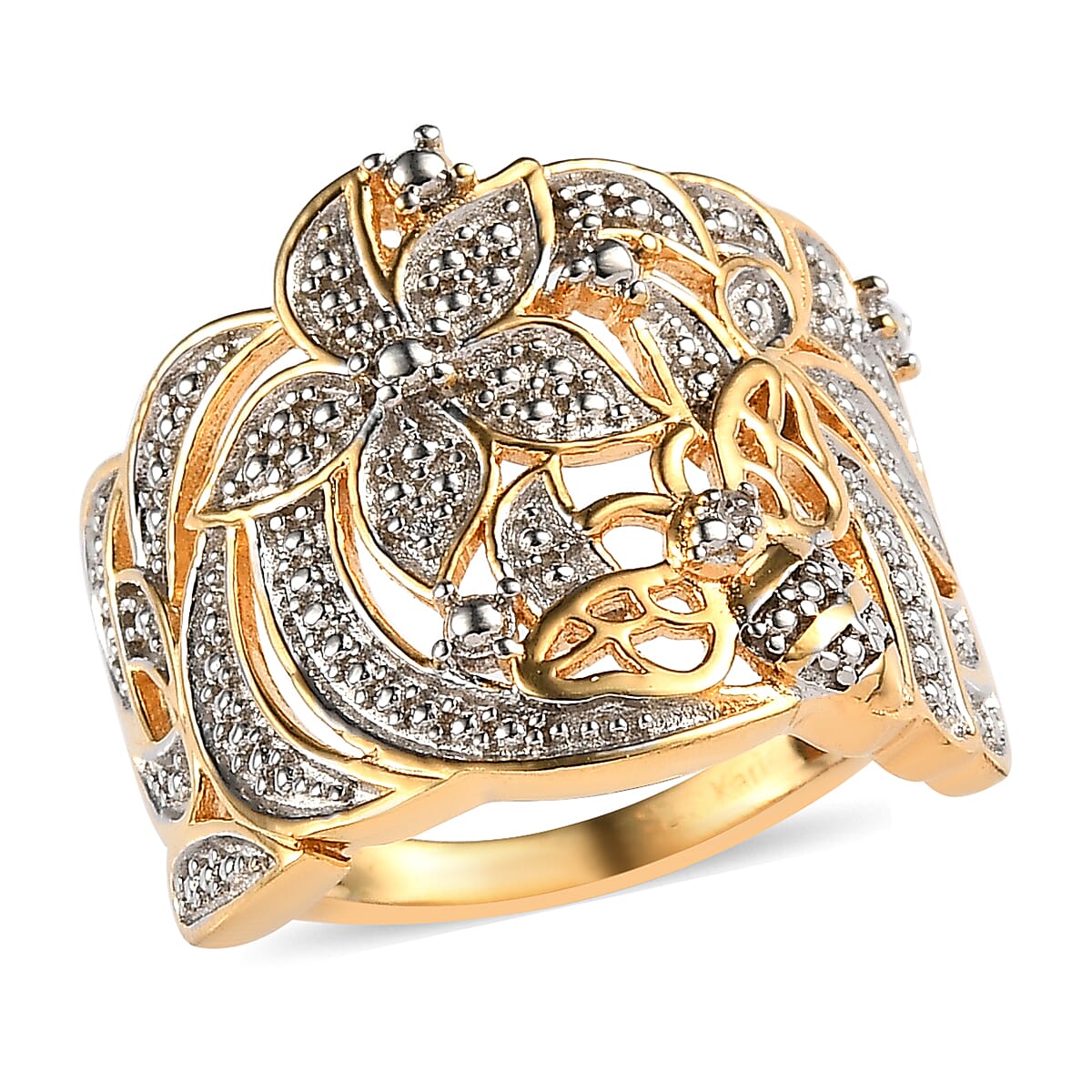Karis White Diamond Accent Floral and Bee Ring in 18K YG Plated image number 0